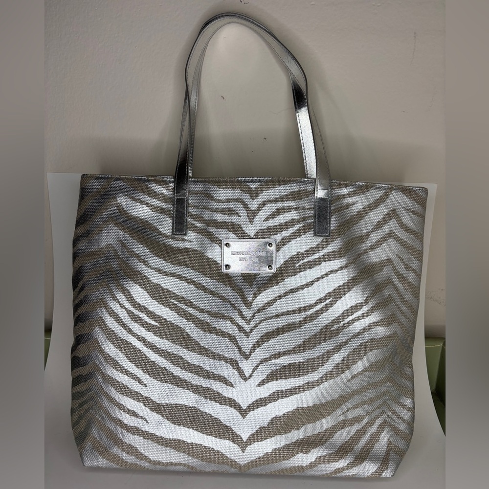 Michael Kors Metallic Silver Zebra Print Tote Bag 17 X 13 X 4 XL